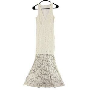 WYLDR Lace Maxi Dress S Women Cream Floral Bodycon Sheer Mermaid Flare Skirt